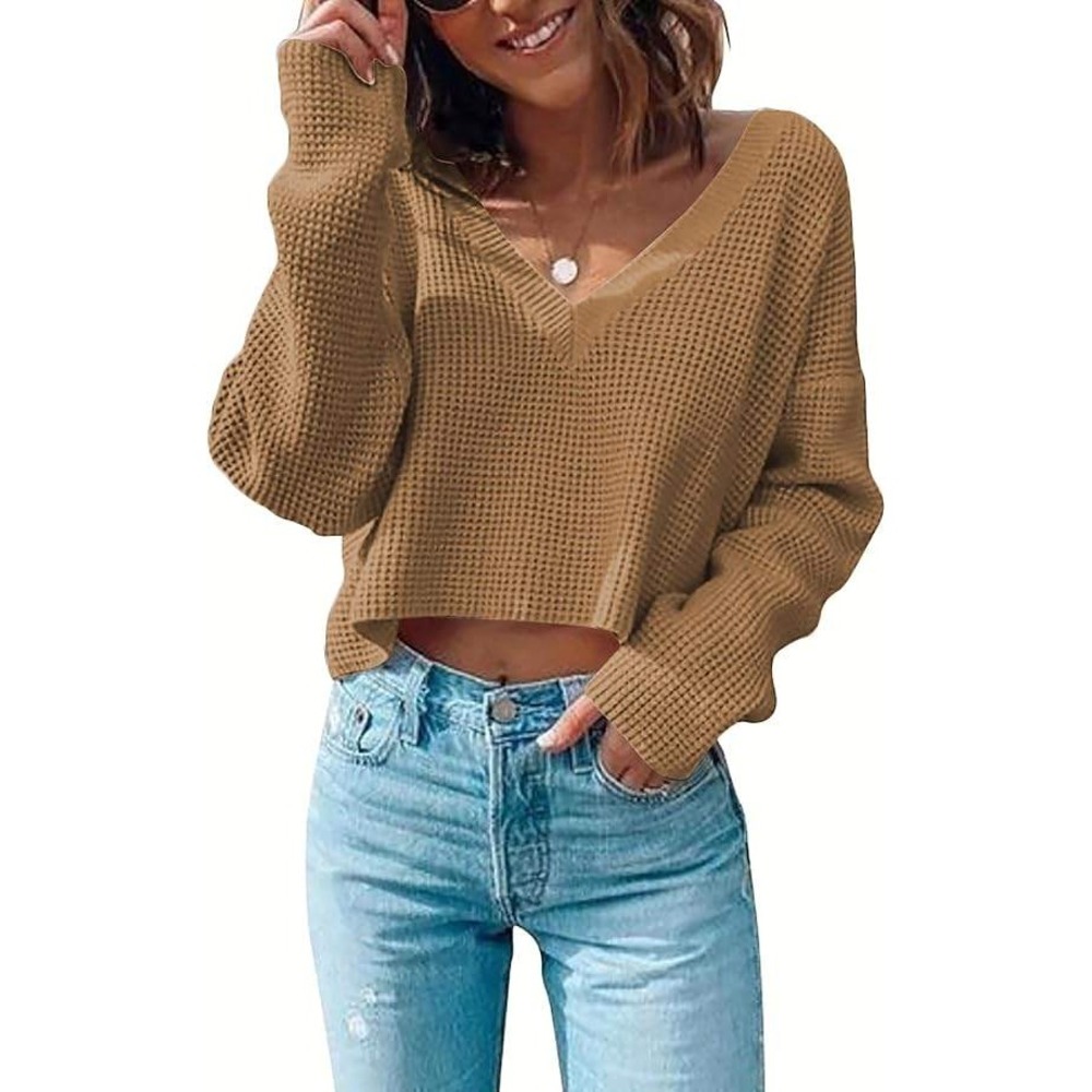 Zeagoo Top Womens XL Tan Waffle Knit V-Neck Cropped Drop Shoulder Sweater Shirt